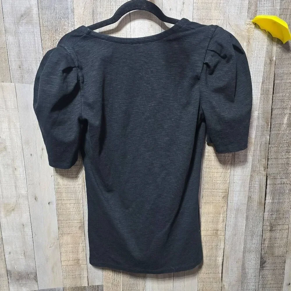 Free People FP Ellery Scoop Neck Shirt Pleated Short Puff Sleeve Blouse Charcoal